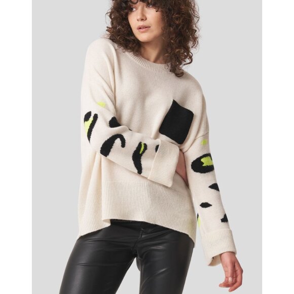 BRODIE CASHMERE Lynx Boyfriend Cashmere Sweater White Leopard Neon Size Medium - Picture 1 of 4